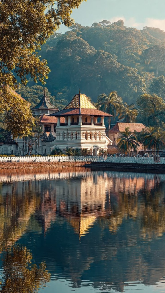 Temple of the Sacred Tooth Relic reflected in Kandy Lake